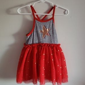 Red, gold, and gray dress